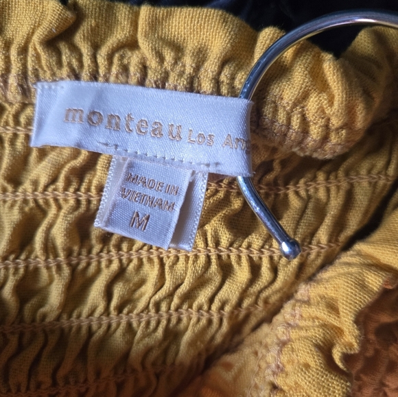 Monteau Yellow Cropped Smocked Ruffle Strap Sleeve Blouse - Picture 3 of 5